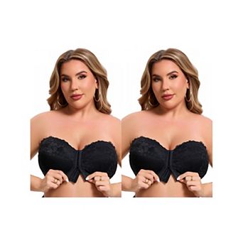 2 Packs Women's Lace Tube Front Closure Push Up Padded Underwire Bandeau Convertible Strapless Bras