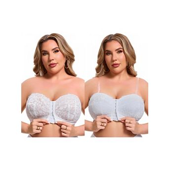 2 Packs Women's Lace Tube Front Closure Push Up Padded Underwire Bandeau Convertible Strapless Bras
