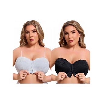 2 Packs Women's Lace Tube Front Closure Push Up Padded Underwire Bandeau Convertible Strapless Bras