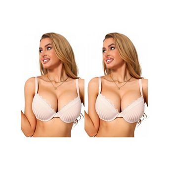 2 Packs Women's Lace Trim Bra Full Coverage V Neck Push Up Underwire Bralettes