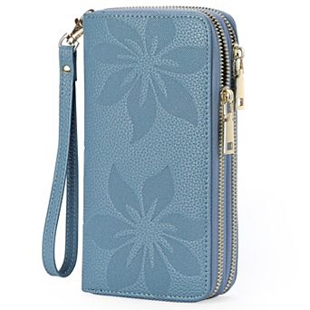 Women's Large Capacity Double Zip Leather Wallet RFID Blocking Wristlet Card Phone Holder