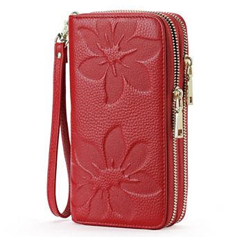 Women's Large Capacity Double Zip Leather Wallet RFID Blocking Wristlet Card Phone Holder