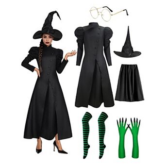 Womens Witch Costume Complete Outfit with Hat Gloves Stockings and Bracelet