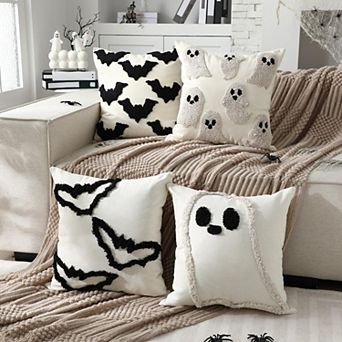 Chenille Embroidered Ghost Bat Throw Pillow Covers Farmhouse Halloween Decor
