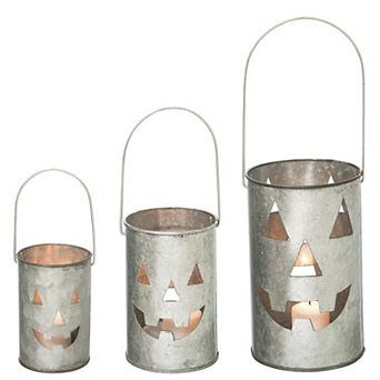 Set of 3 Rustic Galvanized Metal Jack o Lantern LED Candle Holders Farmhouse Decor