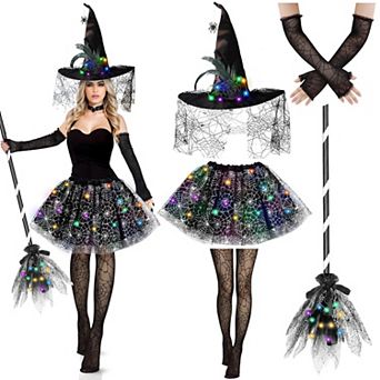 Womens LED Glowing Witch Costume Set With Tutu Skirt Hat Broom Stockings Gloves