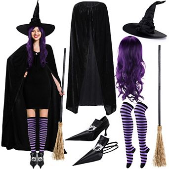 Adult Witch Costume Set Cape Hat Shoe Covers Broomstick Wig Tights