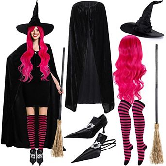 Adult Witch Costume Set Cape Hat Shoe Covers Broomstick Wig Tights
