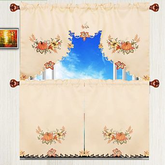 3 pc Fall Harvest Pumpkin Embroidery Kitchen Window Curtain Set