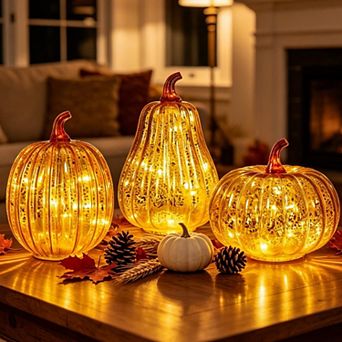 Set of 3 Mercury Glass Pumpkin Lights with Timer Fall Thanksgiving Decor