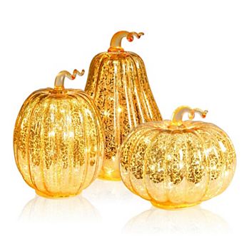 Set of 3 Mercury Glass Pumpkin Lights with Timer Fall Thanksgiving Decor
