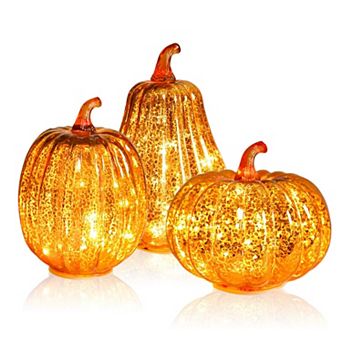 Set of 3 Mercury Glass Pumpkin Lights with Timer Fall Thanksgiving Decor