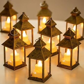 Set of 10 Hanging Mini Lanterns with Flickering LED Candles Wedding Decor