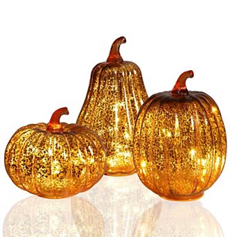 Set of 3 Mercury Glass Pumpkins Warm LED Light Fall Harvest Thanksgiving Decor