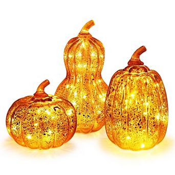 Set of 3 Glass Pumpkin Lights Fall Thanksgiving Indoor Table Decor