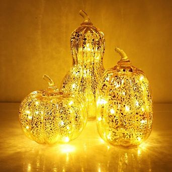 Set of 3 LED Glass Pumpkin Lights Fall Thanksgiving Home Decor