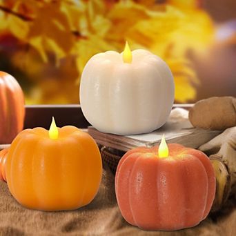 3 pc Pumpkin Flickering LED Candles with Timer Remote Fall Home Decor Thanksgiving Harvest Gifts