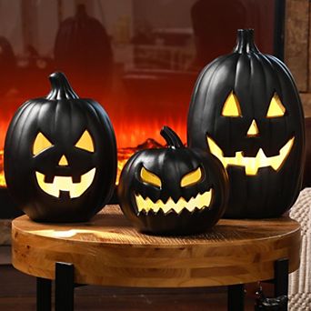 3 pc Jack O Lantern Decor Set LED Light Indoor Outdoor Halloween Decoration