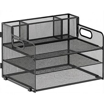 Mesh File Organizer with Pen Holder & Paper Tray for Desk Storage