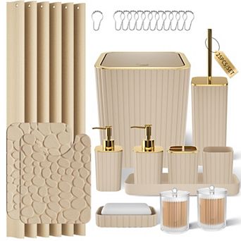 Bathroom Set Shower Curtain Rugs Toilet Brush Trash Can