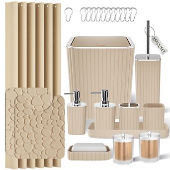 Bathroom Set Shower Curtain Rugs Toilet Brush Trash Can