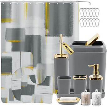 Bathroom Set Shower Curtain Rugs Trash Can Soap Dispenser Dish
