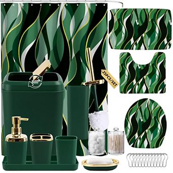 Bathroom Set Shower Curtain Rugs Trash Can Soap Dispenser Dish