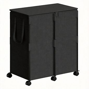 Double Laundry Hamper Lid 6 Wheels Metal Frame 2 Section
