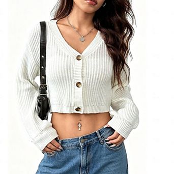 Women's Long Sleeve v Neck Button Down Rib Knit Casual Cropped Cardigan Sweater
