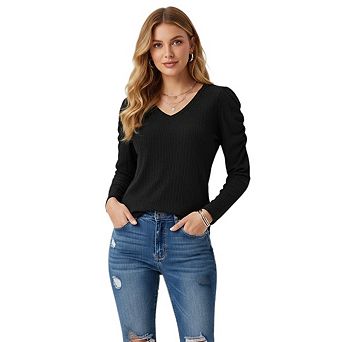 Women's Long Puff Sleeves Ribbed Knit Top Breathable V-Neck Solid Knit Casual Regular Fit Tops