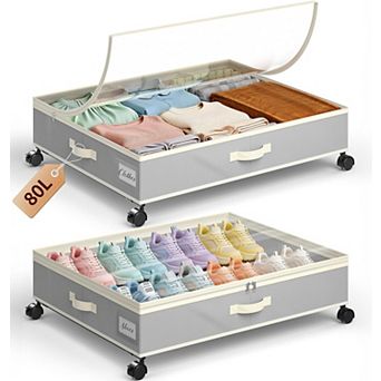 80L 2-Pack Under Bed Storage Bins With Rolling Wheels Clear Lid Label Slot