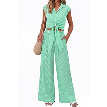 Womens 2 pc Striped Cap Sleeve Button Down Lounge Set Wide Leg Pants