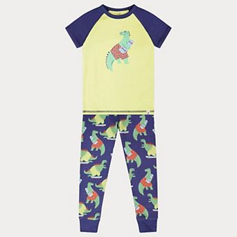 Big Kids Boy Organic Cotton Two-Piece Pajama Set Blue Dino Print