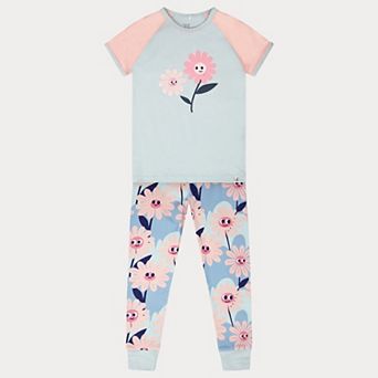 Baby Girl Organic Cotton Smiling Flower Print Elastic Waist Top and Pants Two-Piece Pajama Set