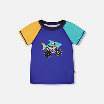 Big Kids Boy Shark Monster Truck Graphic Contrast Panel Short Sleeve Rashguard
