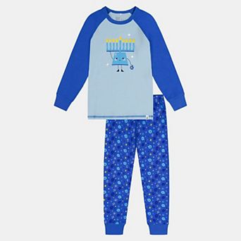 Big Kids Unisex Organic Cotton Hanukkah Print Two Piece Pajama Set with Raglan Top and Pants