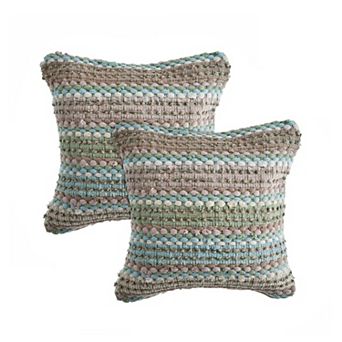 HomeRoots Set of Two 18" Beige Blue and Green Striped Cotton Blend Throw Pillows