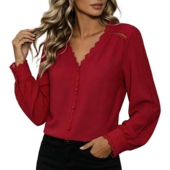 Women Lace Trim Blouse V‑Neck Long Lantern Sleeve Button Front Chiffon Casual Shirt Tops