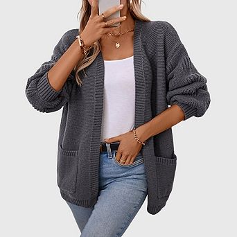 Women's Oversized Open Front Cardigan Casual Long Sleeve Midweight Sweaters with Pockets