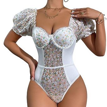 Seoria Floral Print Puff Sleeve Sweetheart Bustier Bodysuit Top