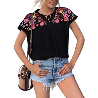 Women Floral Embroidered Short Sleeve Blouse Tie V Neck Loose Casual Summer Tops