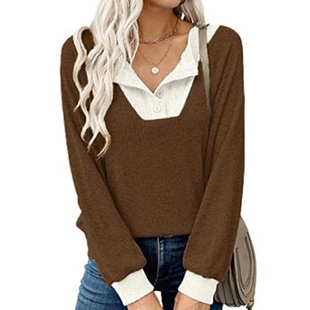 Women Collared Henley Long Sleeve Shirts Ribbed Knit Button V Neck Casual Blouse Tops