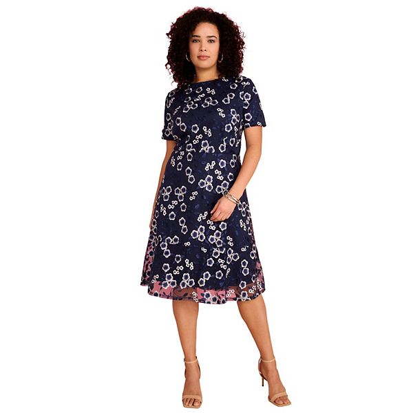 Roaman's Women's Plus Size Lace V-Neck Long Sleeve Floral Dress