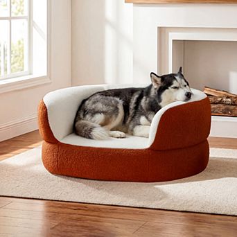 39.4" No Assembly Dog Couch Bed, Faux Shearling Round Pet Bed Sofa for Dogs 70 lbs with Foam, Orange