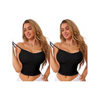 2 Packs Women's Built in Bras Crop Top Slim Fit Spaghetti Straps Going Out Basic Cami