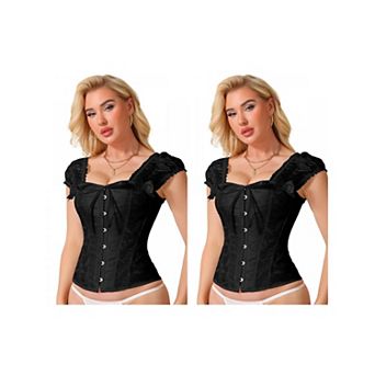 2 Packs Corset Tops for Women Lace Gothic Puff Sleeve Tank Tops Vintage Overbust Waist Cincher