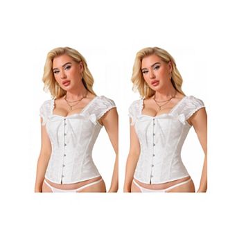 2 Packs Corset Tops for Women Lace Gothic Puff Sleeve Tank Tops Vintage Overbust Waist Cincher