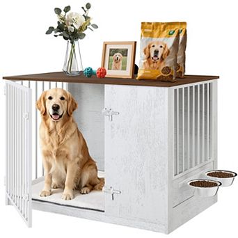 40" Dog Crate Furniture for Large Dogs with Cushion, Rotating Door, Dual Rotating Latch Locks, Bowls
