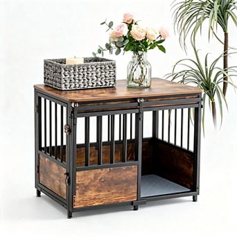 32" Dog Crate Furniture with Cushion, for Medium Dogs, End Table Indoor, Sliding Door Chew-Resistant