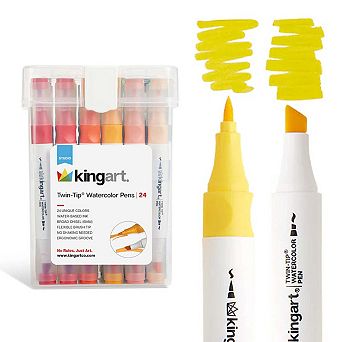 KINGART Twin-Tip Watercolor Pens - Broad Chisel & Brush Tip - 24 Colors